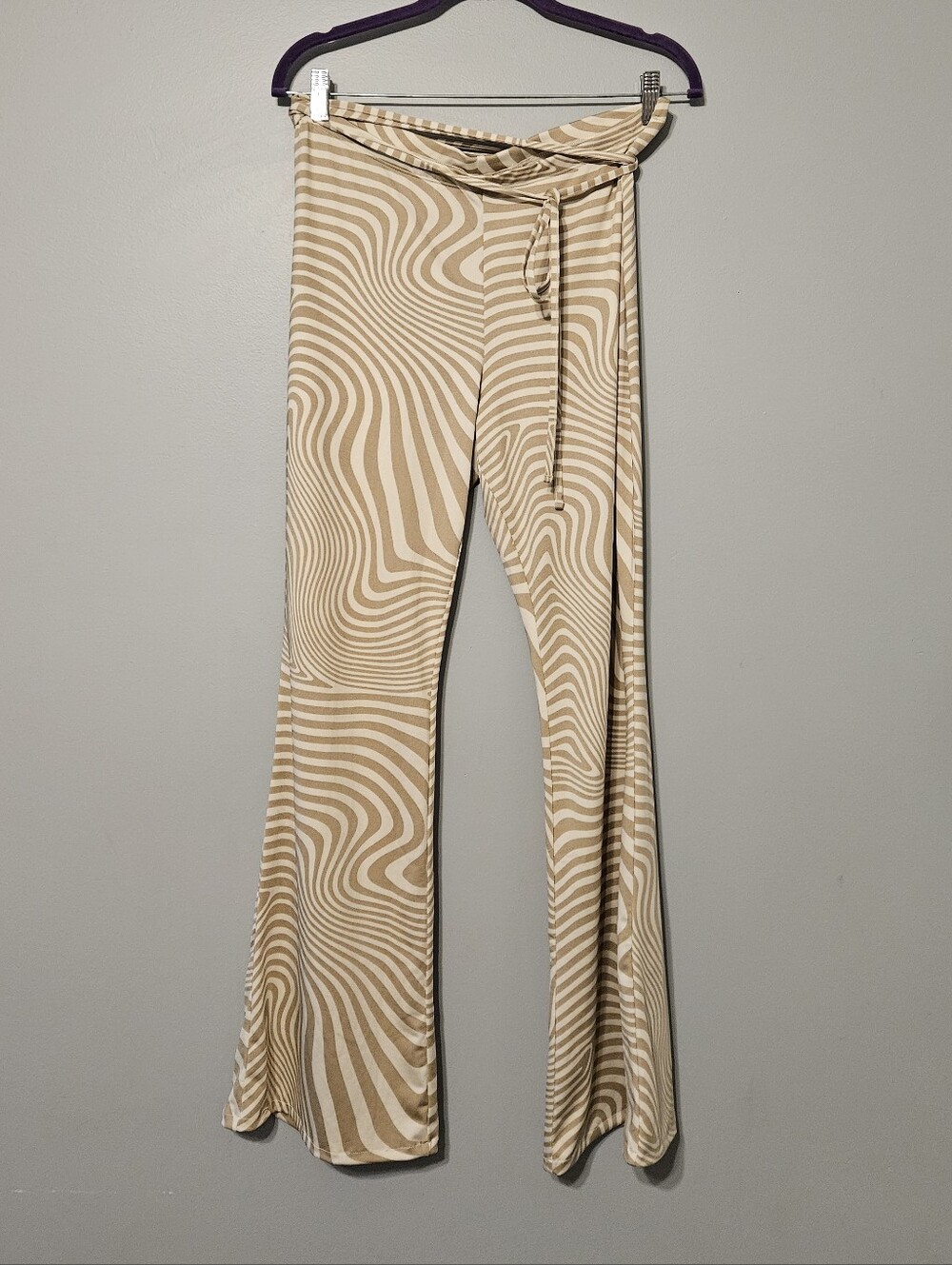 H&M Beige Swirl Flare Pants with Tie Waist